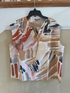 SHEIN Abstract Brushstroke V-Neck Sleeveless Top in Rust, Tan & Cream